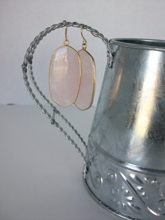 Rose Quartz Earrings Set In Gold • Pink Stone Large Oval Rose Quartz Earrings