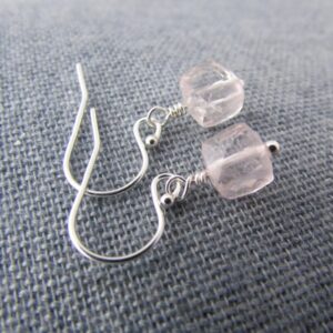 Rose Quartz Earrings, Small, Faceted Cubes, Sterling Silver