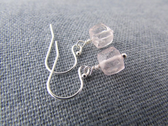 Rose Quartz Earrings, Small, Faceted Cubes, Sterling Silver