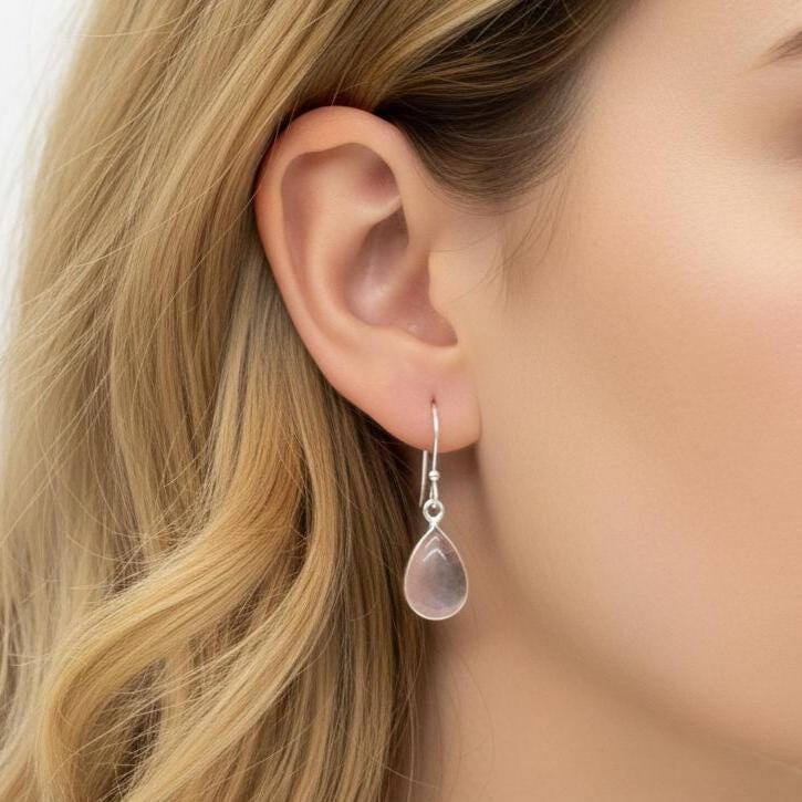 Rose Quartz Sterling Silver Teardrop Earrings: Hook Dangle Pair