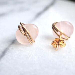 Rose Quartz Stud Earrings, Wire Wrapped Gemstone Earrings, Pink Crystal Post Earrings, Rose Quartz Jewelry, January Birthstone Gift For Her