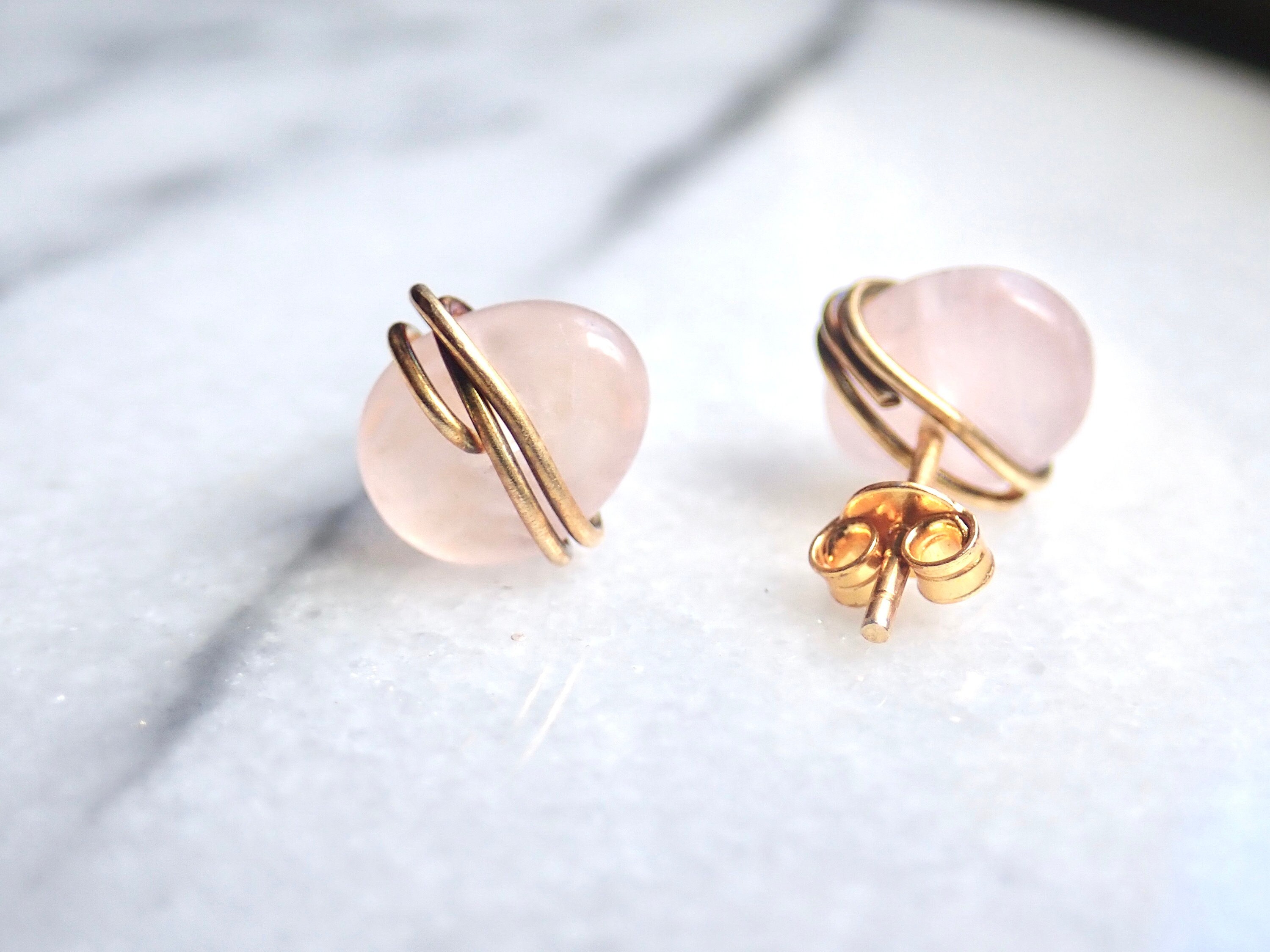 Rose Quartz Stud Earrings, Wire Wrapped Gemstone Earrings, Pink Crystal Post Earrings, Rose Quartz Jewelry, January Birthstone Gift For Her