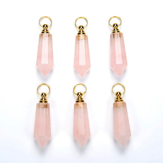 49x15mm Natural Rose Quartz Gemstone Perfume Bottle Pendant Faceted Point, Essential Oil Bottle Beads 1 Bead (80017245-p71)