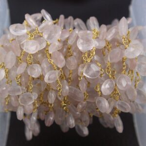 Gold Plated Rose Quartz Rosary Chain - Faceted Gemstone Beads