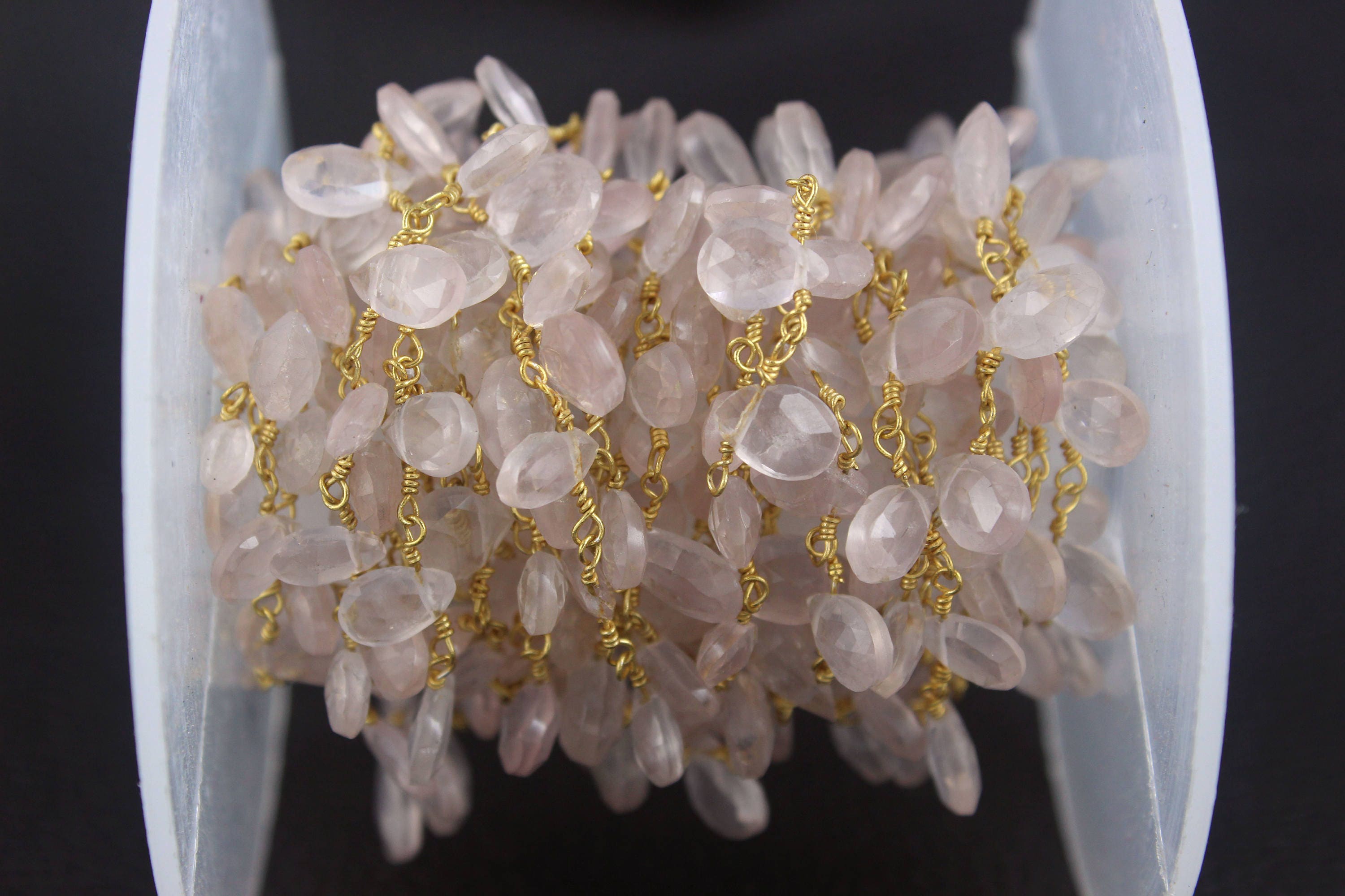 Gold Plated Rose Quartz Rosary Chain - Faceted Gemstone Beads Gold Plated Rose Quartz Rosary Chain - Faceted Gemstone Beads