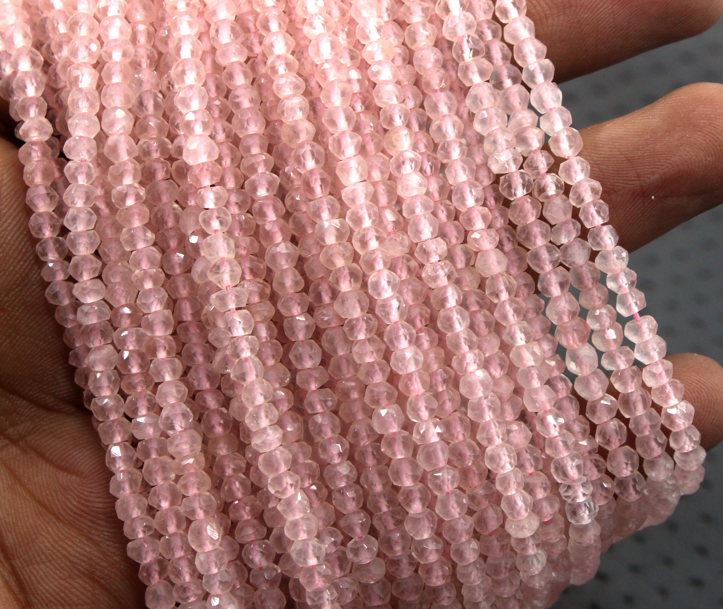 Faceted Rose Quartz Rondelle Beads: 4mm Pink Gemstone Strand, 13" Long