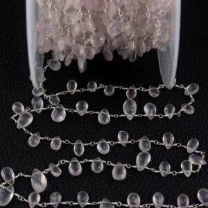 Sterling Silver Rose Quartz Rosary Chain: Faceted Pear Heart Beads