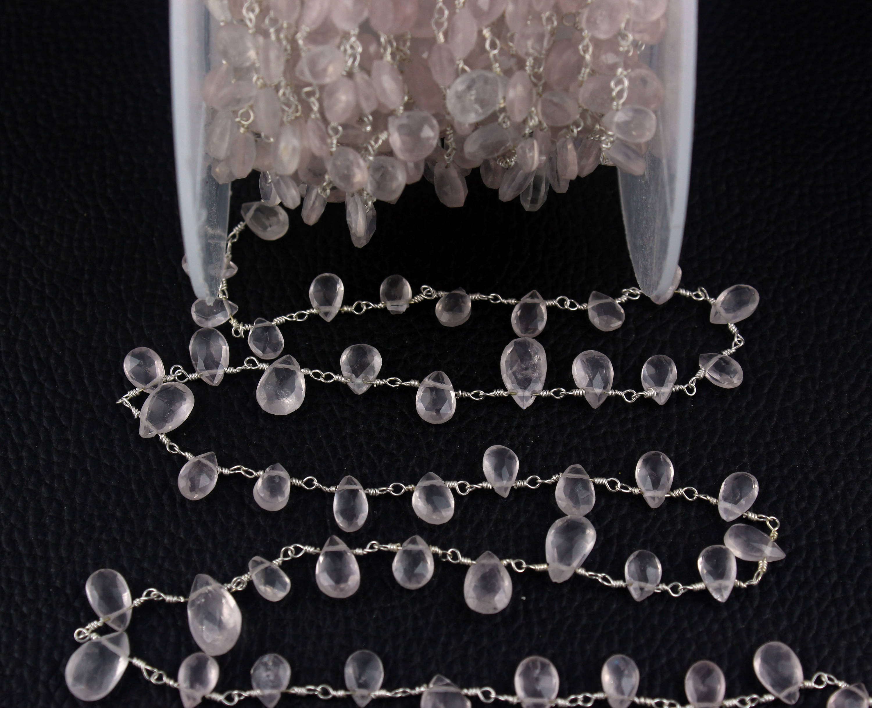 Sterling Silver Rose Quartz Rosary Chain: Faceted Pear Heart Beads