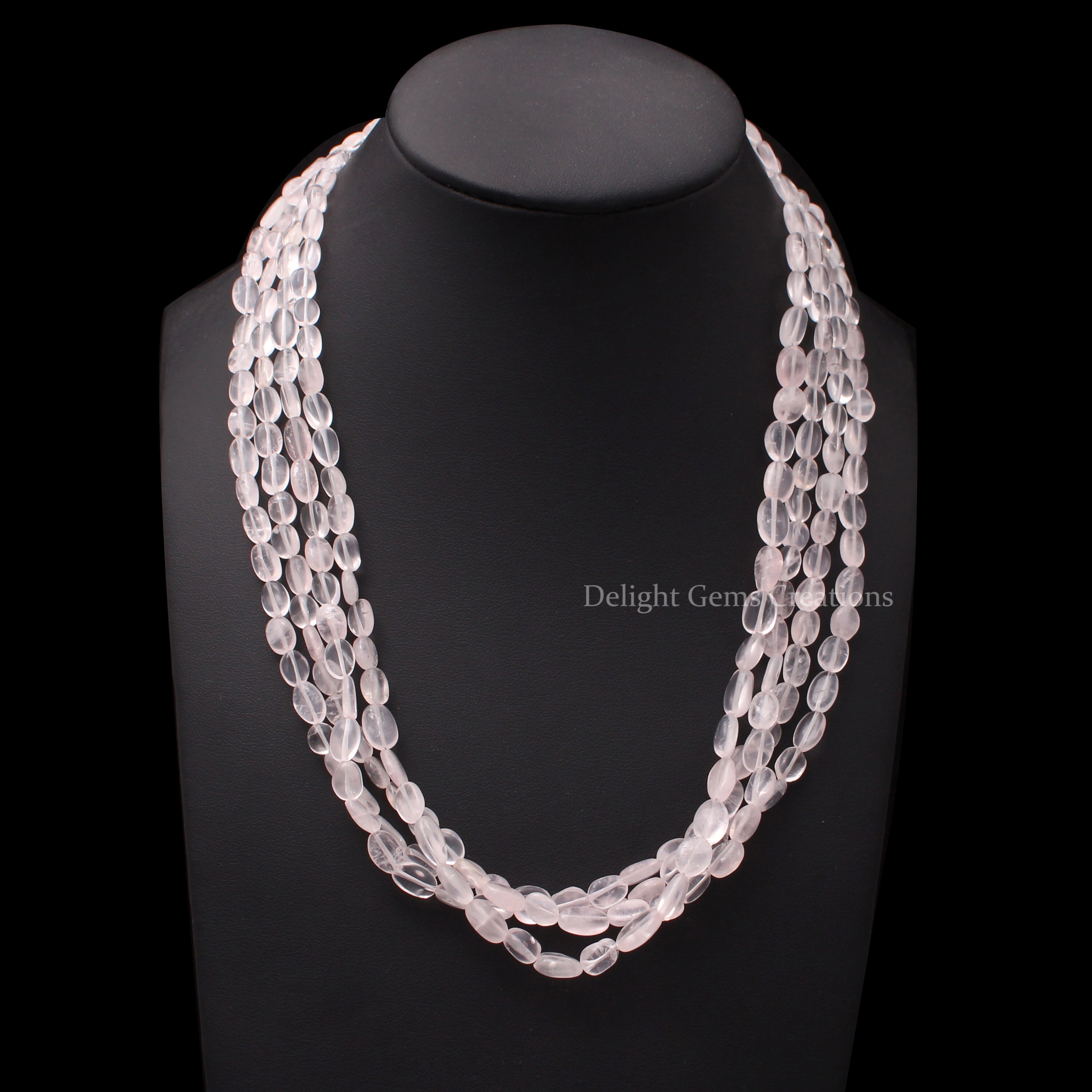 4 Layers Rose Quartz Beaded Necklace With Smooth Oval Nuggets, 5x9mm-5x10mm Beads With Sterling Silver Clasp, Boho Necklace 4 Layers Rose Quartz Beaded Necklace With Smooth Oval Nuggets, 5x9mm-5x10mm Beads With Sterling Silver Clasp, Boho Necklace