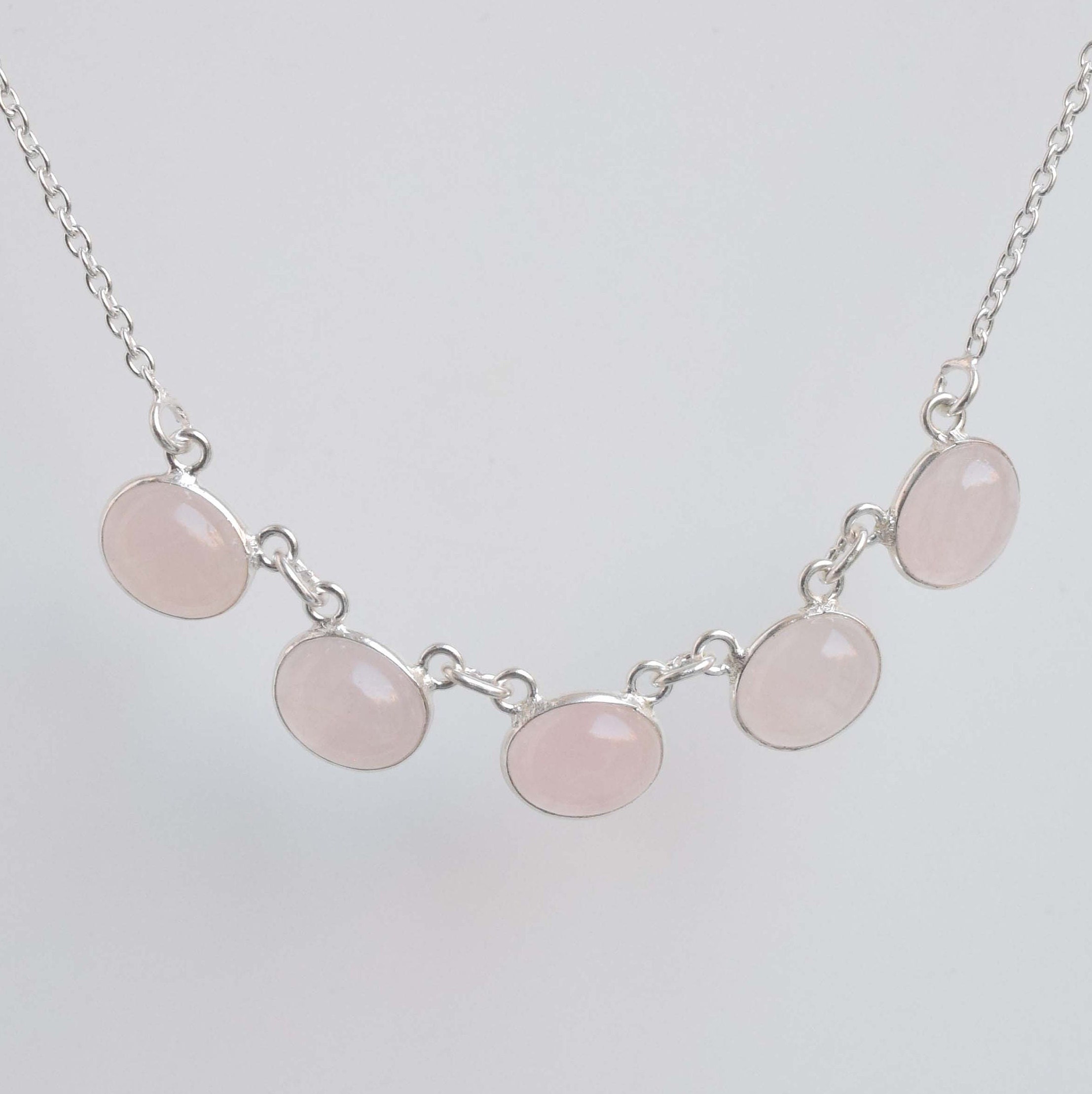 Rose Quartz 5-stone Necklace: Handmade Sterling Silver Chain Rose Quartz 5-stone Necklace: Handmade Sterling Silver Chain