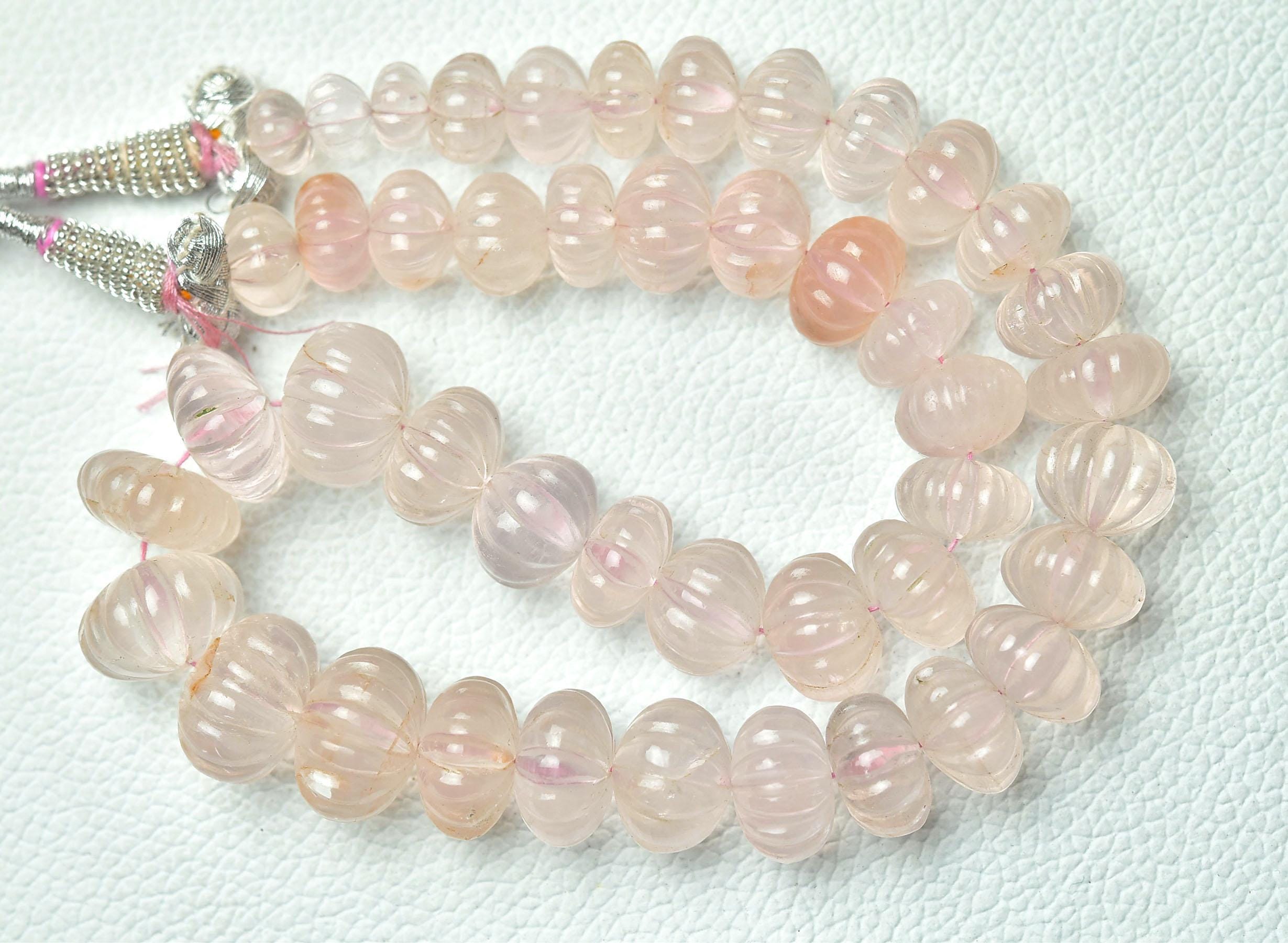515 Cts, Natural Rose Quartz Carved Melon Shape Rondelle Smooth Carved Rondelle Melon Shape Beads Necklace 16 Inch, 11mm To 17mm No5733f