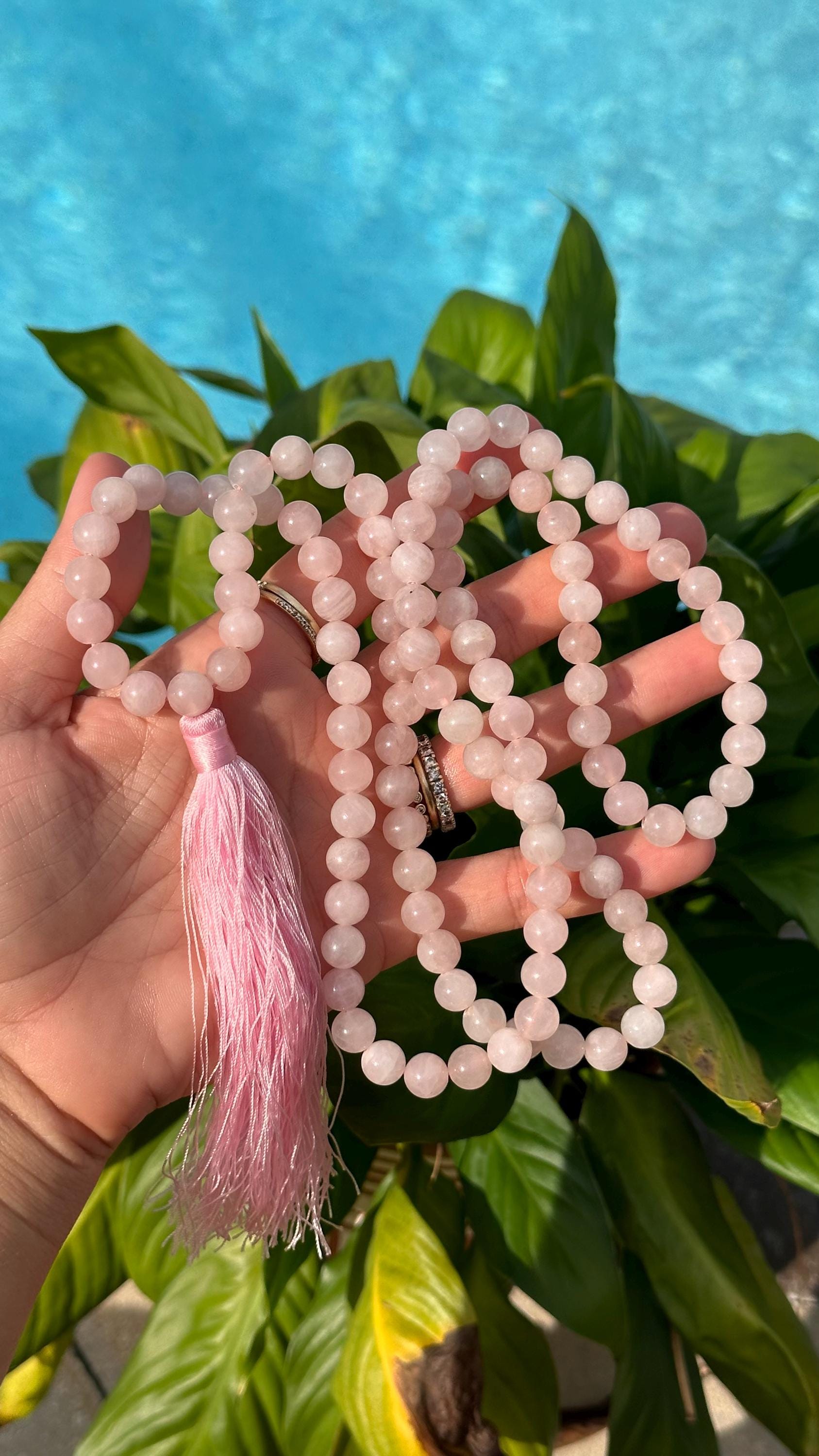 Rose Quartz 8mm  Mala Necklace With Silk Thread