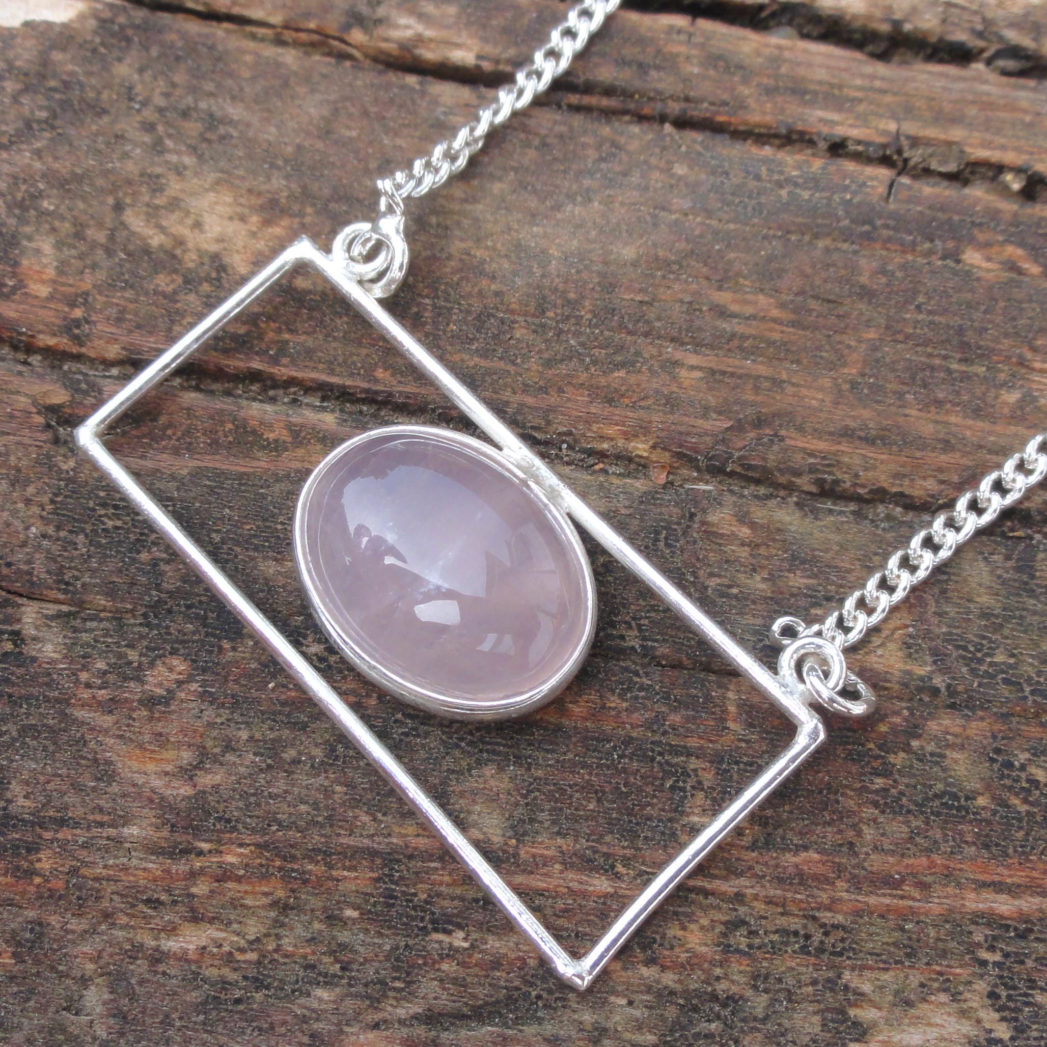 925 Handmade Sterling Silver Rose Quartz Necklace, Natural Pink Rose Quartz Ooak Gemstone Art Deco 18" Necklace