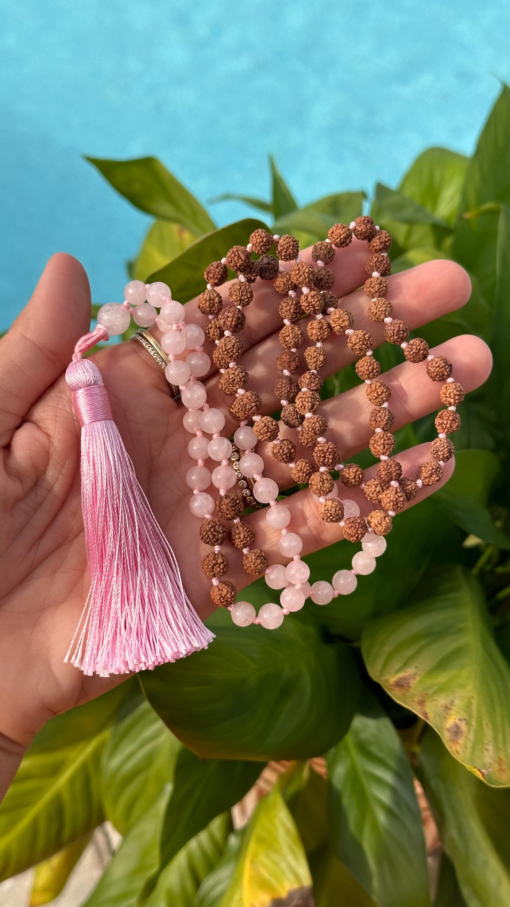 Rose Quartz And Rudraksha Seed Mala Necklace With Silk Thread Rose Quartz And Rudraksha Seed Mala Necklace With Silk Thread