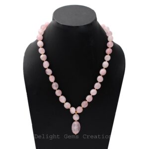 Rose Quartz Beaded Necklace, Smooth Nuggets, Gold Vermeil, 18.5 Inch Rose Quartz Beaded Necklace, Smooth Nuggets, Gold Vermeil, 18.5 Inch