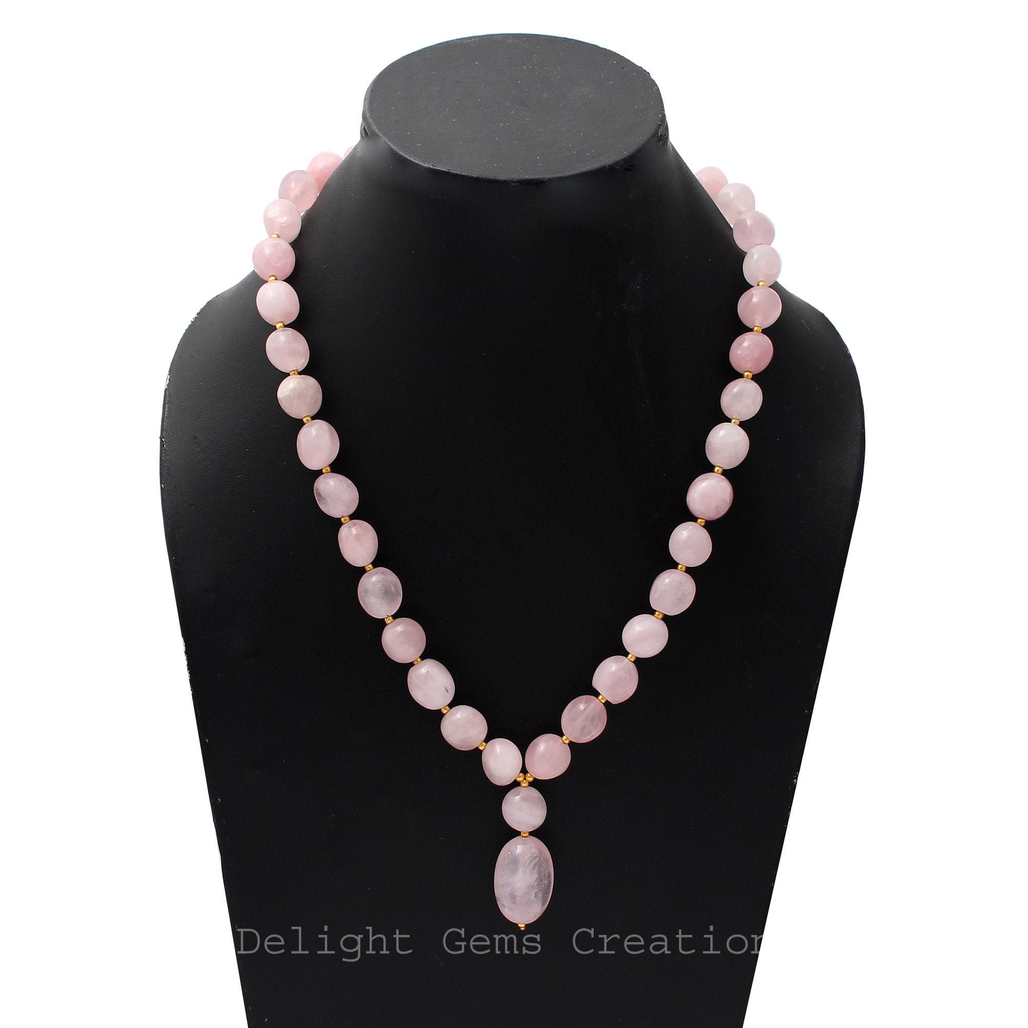 Rose Quartz Beaded Necklace, Smooth Nuggets, Gold Vermeil, 18.5 Inch Rose Quartz Beaded Necklace, Smooth Nuggets, Gold Vermeil, 18.5 Inch