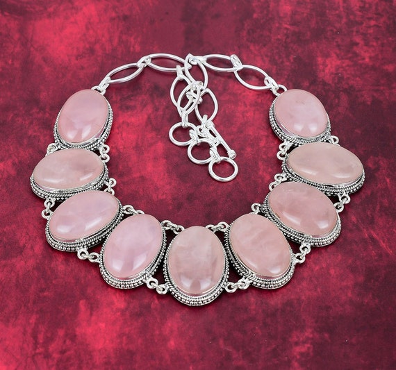 Dainty Rose Quartz Necklace, 925 Sterling Silver Jewelry Gemstone Adjustable Chain Necklace Handmade Silver Necklace Birthday Party Gift