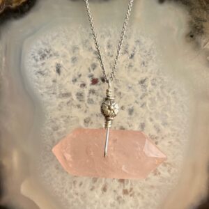 Double Terminated Rose Quartz Necklace: Hill Tribe Silver Flower Bead Double Terminated Rose Quartz Necklace: Hill Tribe Silver Flower Bead