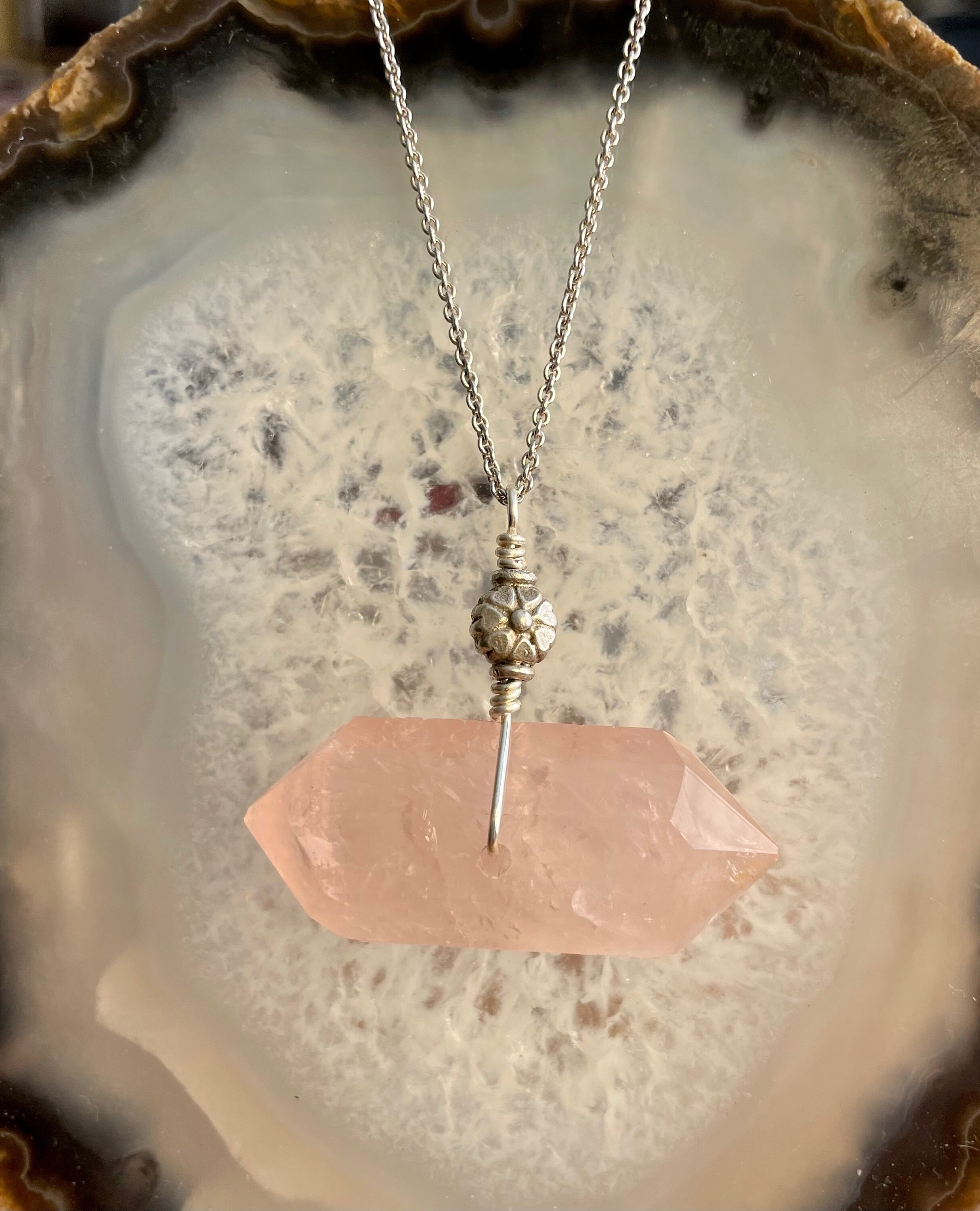 Double Terminated Rose Quartz Necklace: Hill Tribe Silver Flower Bead
