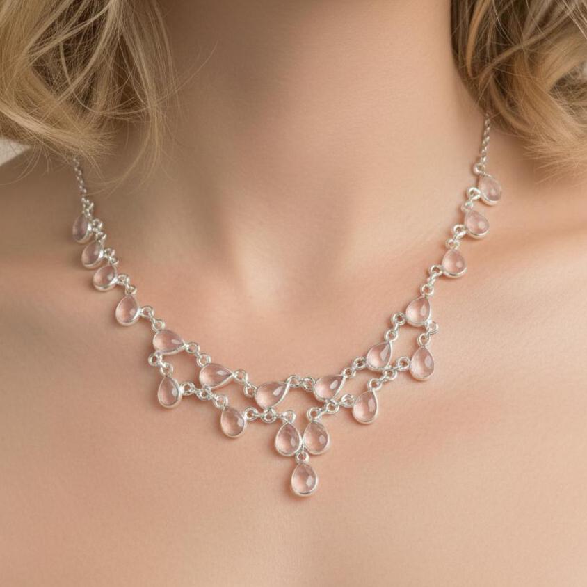 Rose Quartz Drop Necklace, 925 Sterling Silver Gemstone, Romantic Jewelry Rose Quartz Drop Necklace, 925 Sterling Silver Gemstone, Romantic Jewelry