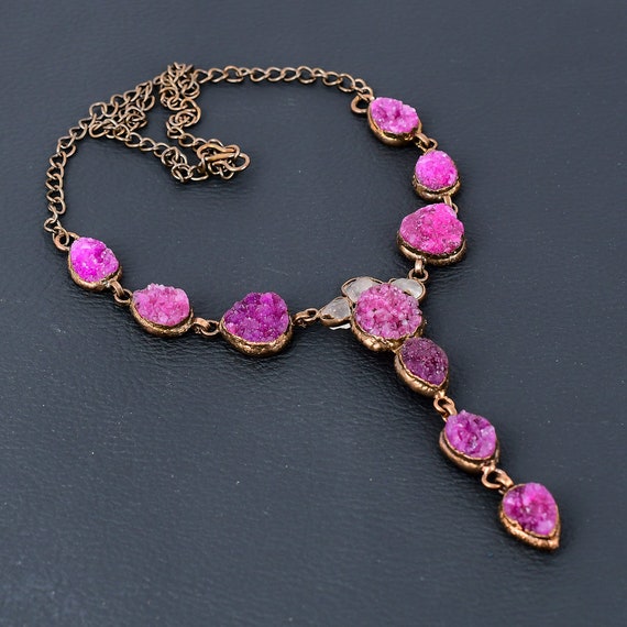 Electroformed Copper Pink Druzy Necklace - Rose Quartz Accent