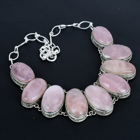 Handmade Rose Quartz 925 Sterling Silver Necklace - Vintage Style