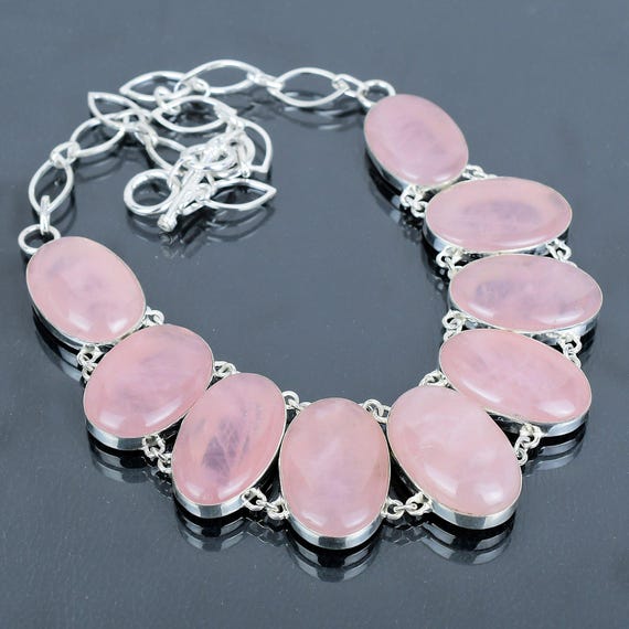 Handmade Rose Quartz Necklace: 925 Sterling Silver, Adjustable Chain