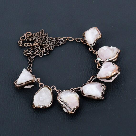 Handmade Rose Quartz Rough Copper Electroformed Necklace - 18 Inch