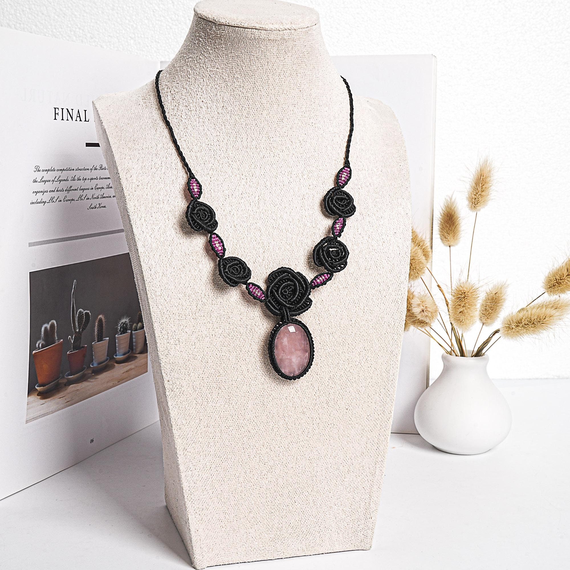 Rose Quartz Macrame Necklace Genuine Natural Grade Aaa Rose Quartz Necklace Gemstone Neckalce(95919)
