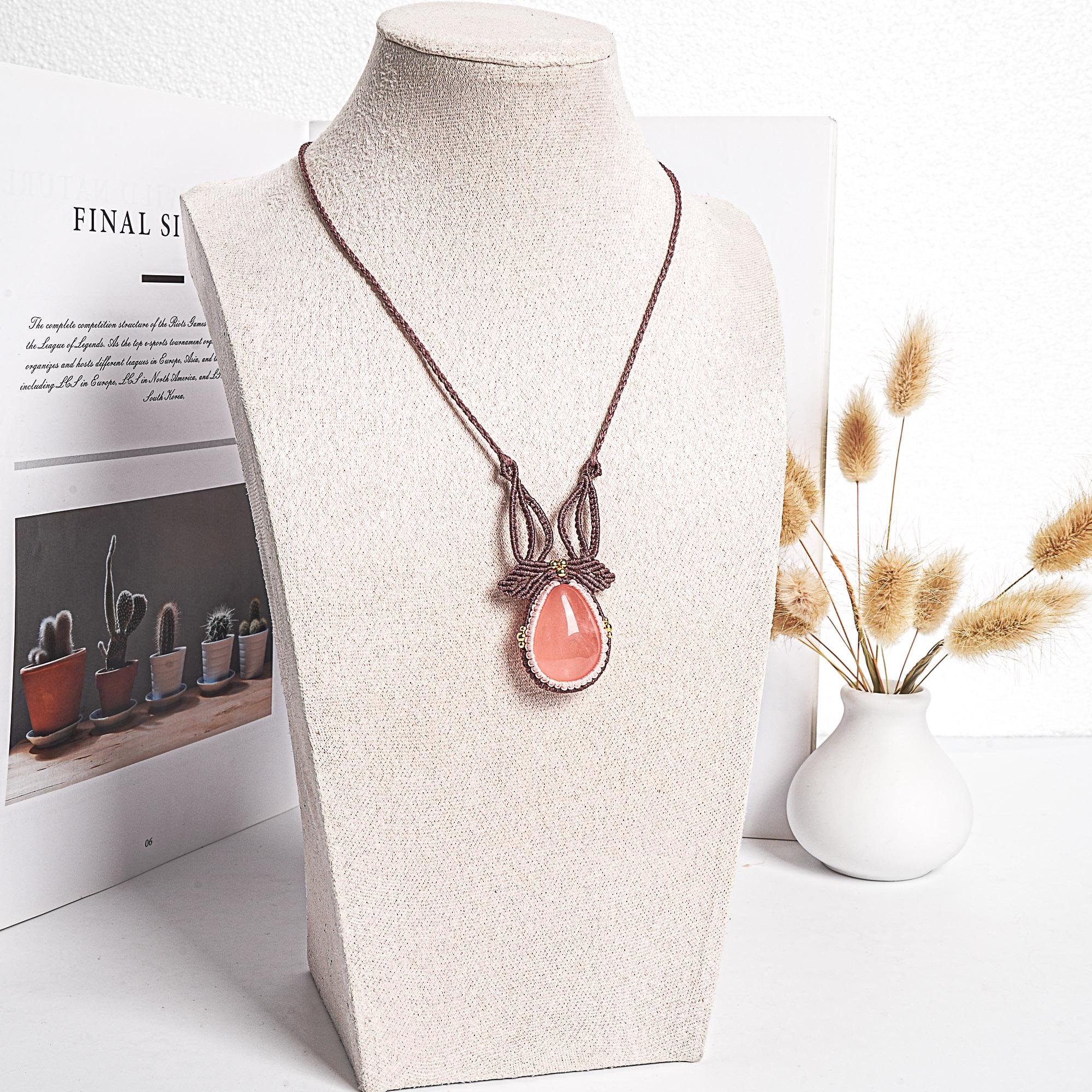 Rose Quartz Macrame Necklace Genuine Natural Grade Aaa Rose Quartz Necklace Gemstone Neckalce(95889)