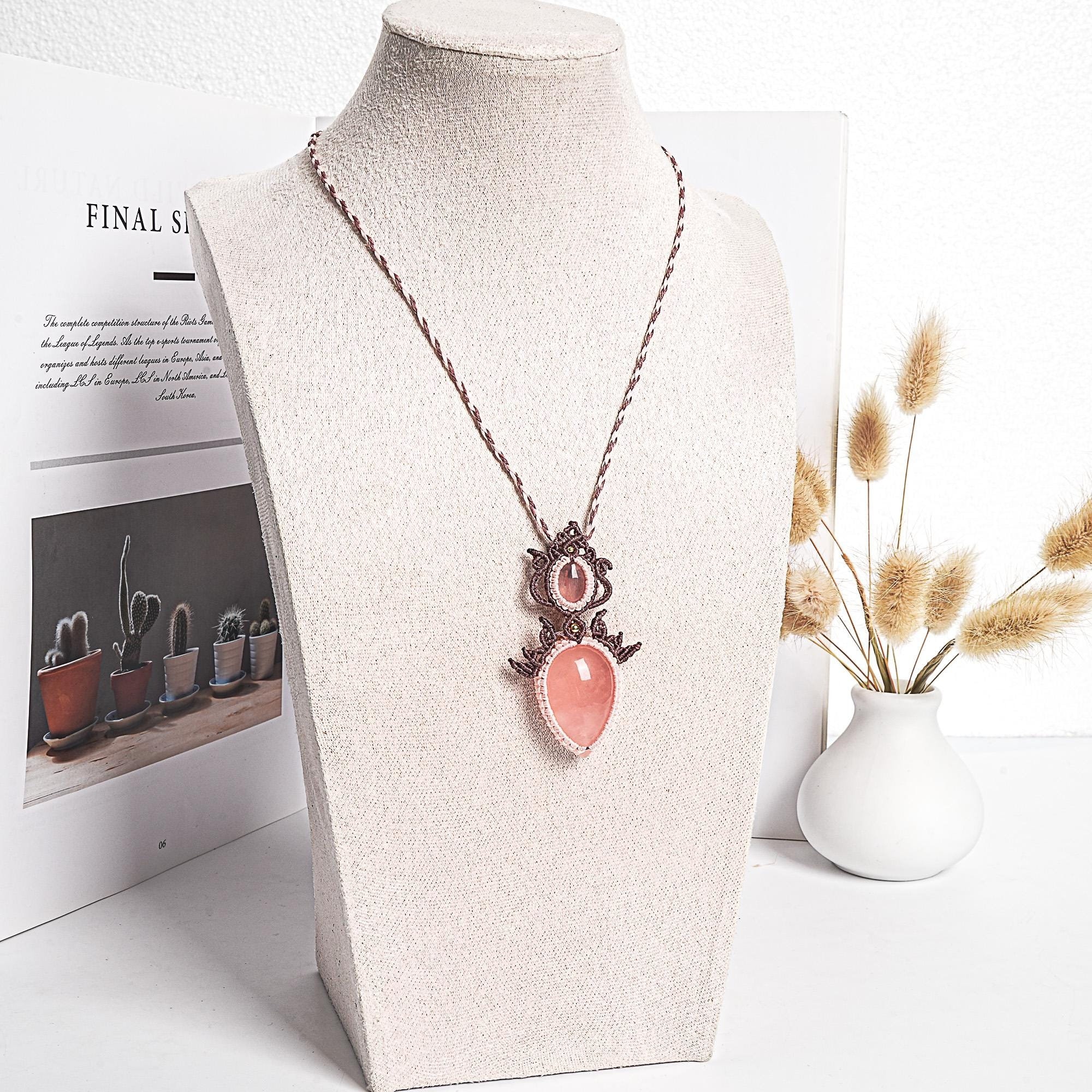 Rose Quartz Macrame Necklace Genuine Natural Grade Aaa Rose Quartz Necklace Gemstone Neckalce (95896)