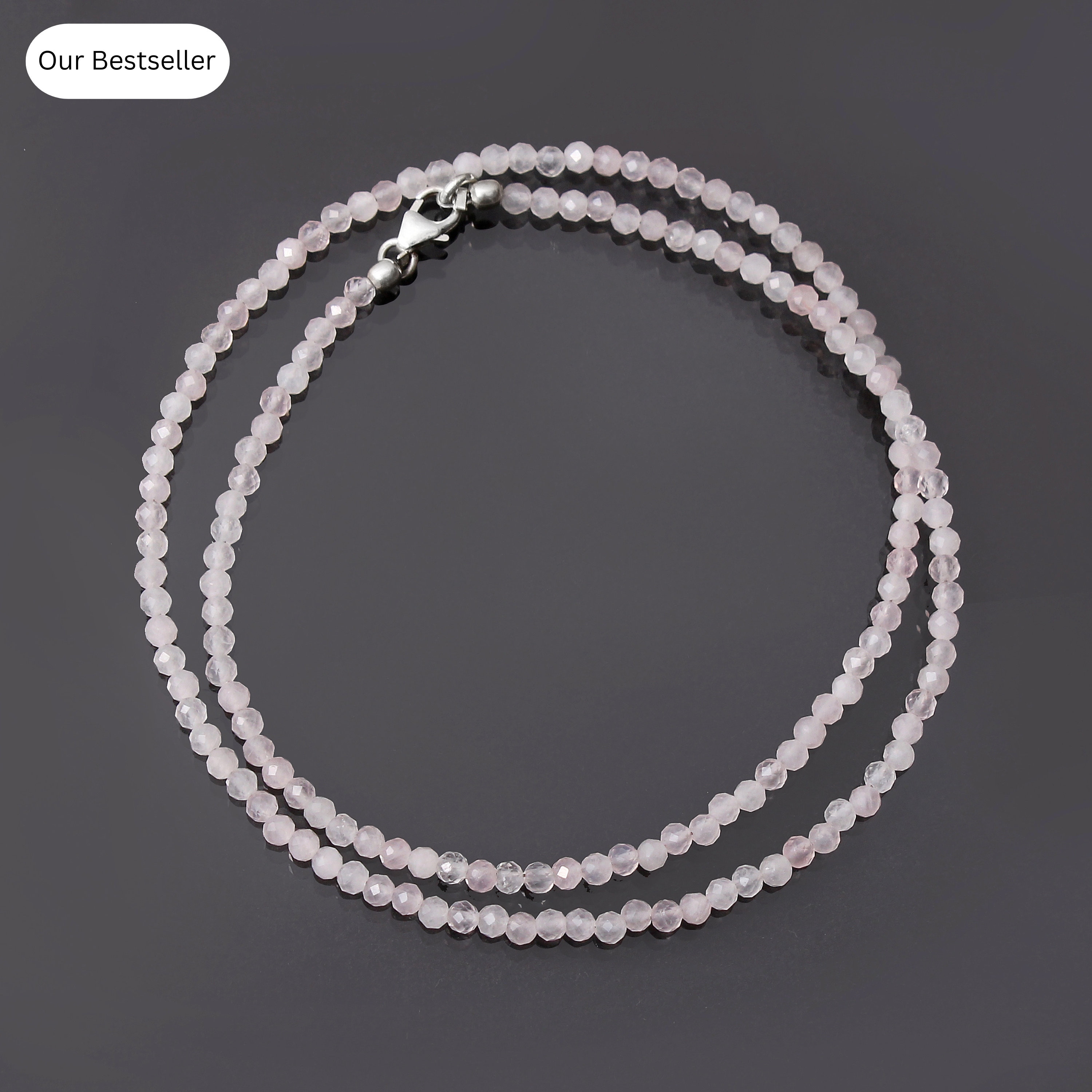 Natural Rose Quartz Bead Necklace, 3mm Rose Quartz Faceted Round Beaded Necklace, Aaa Quality Tiny Rose Quartz Beads Silver Necklace Jewelry
