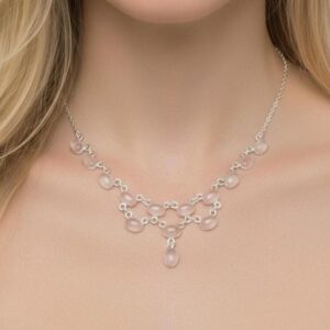 Pink Rose Quartz 925 Sterling Silver Real Gemstone Layered Choker Necklace Pink Rose Quartz 925 Sterling Silver Real Gemstone Layered Choker Necklace