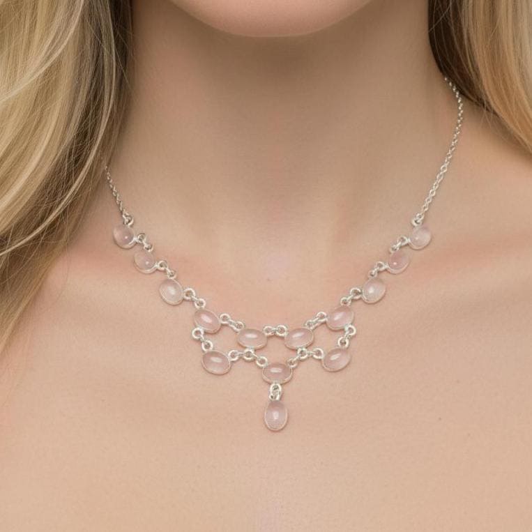 Pink Rose Quartz 925 Sterling Silver Real Gemstone Layered Choker Necklace