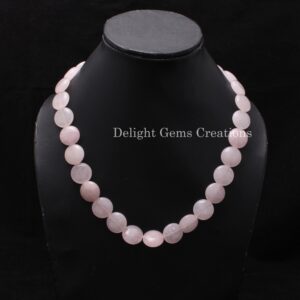 Pink Quartz Coin Necklace, 15mm Smooth Rose Quartz Beads, Boho Tribal Style Pink Quartz Coin Necklace, 15mm Smooth Rose Quartz Beads, Boho Tribal Style