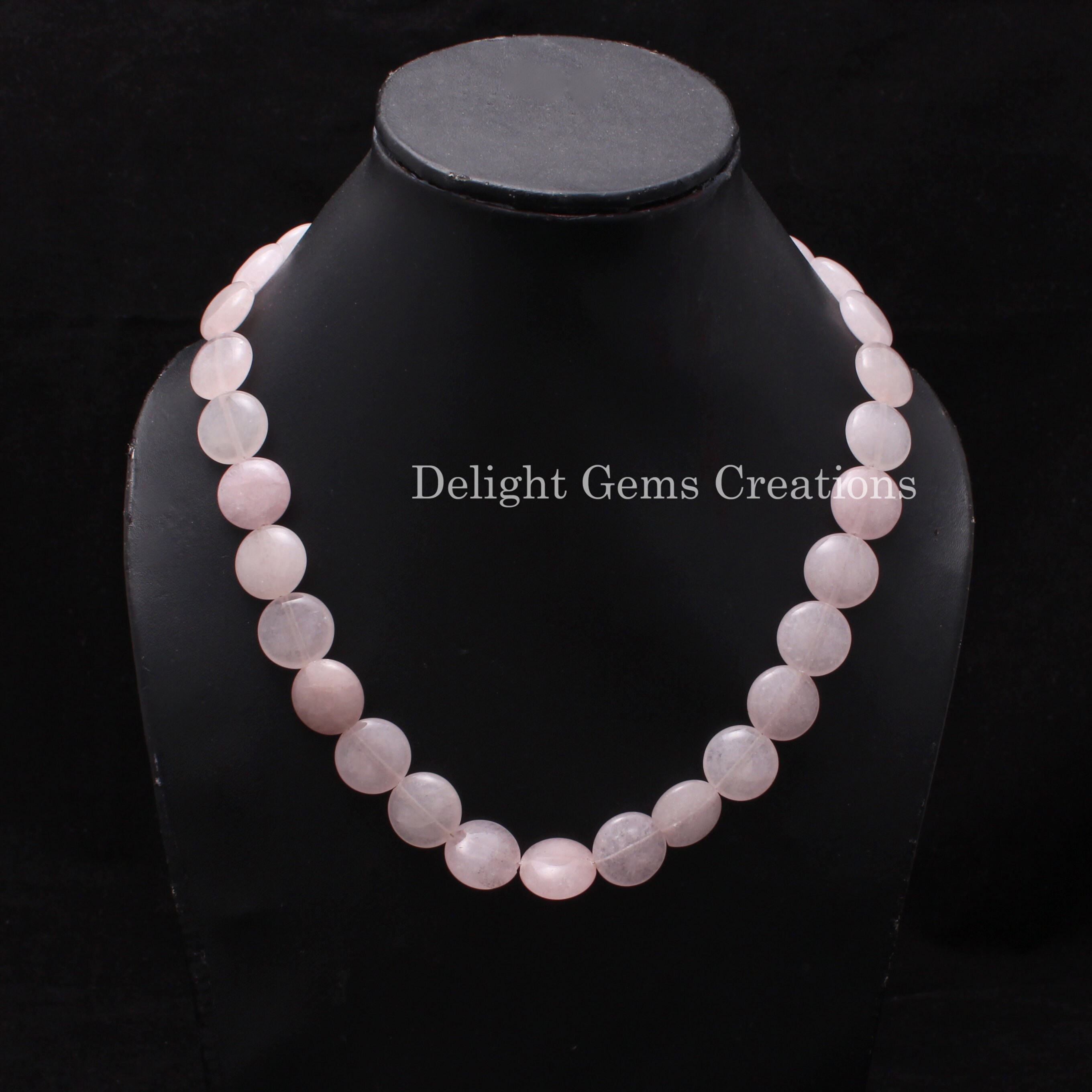 Pink Quartz Coin Necklace, 15mm Smooth Rose Quartz Beads, Boho Tribal Style