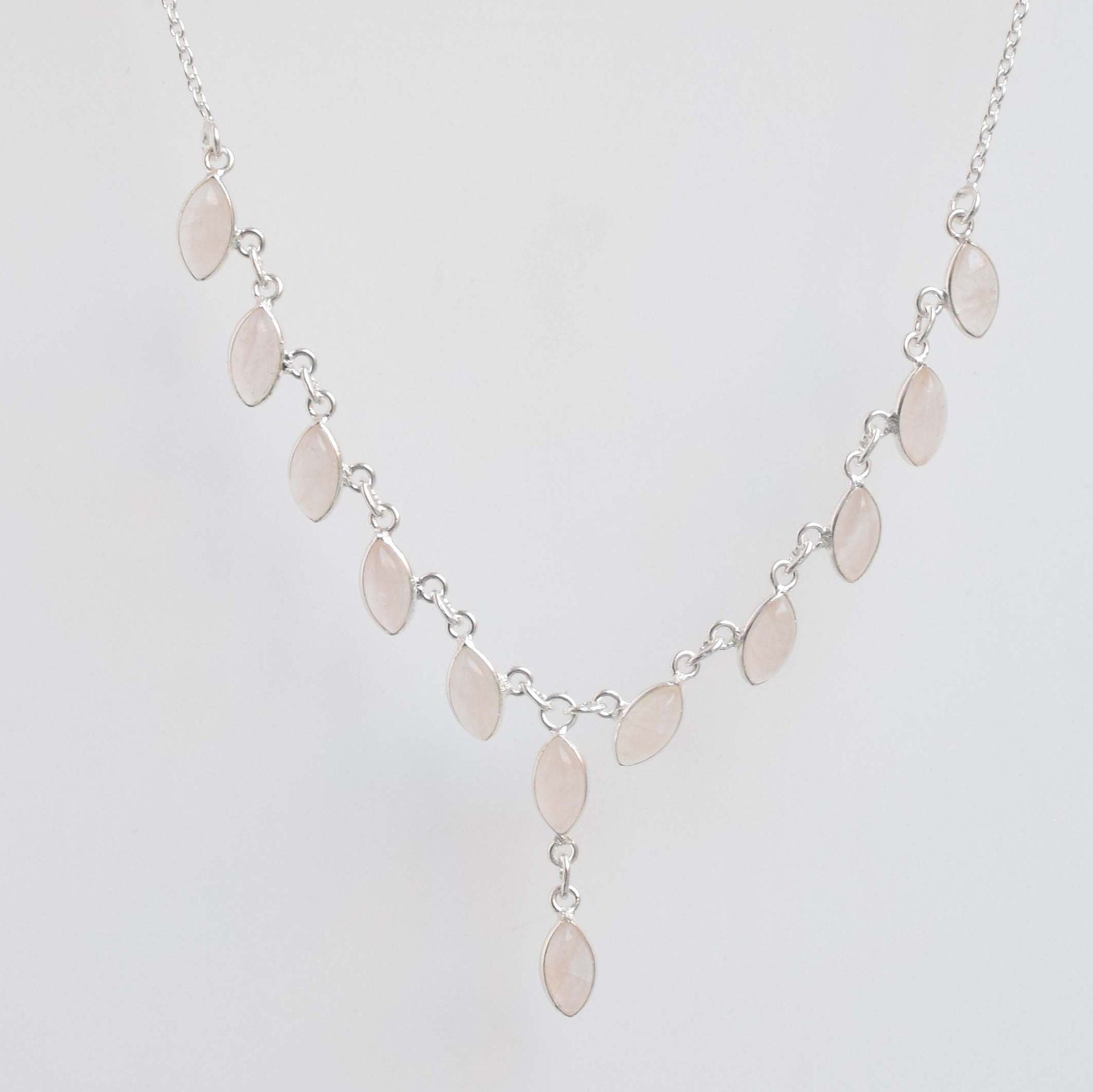 Rose Quartz Sterling Silver Necklace: Marquise Gemstone Chain, Handmade Rose Quartz Sterling Silver Necklace: Marquise Gemstone Chain, Handmade