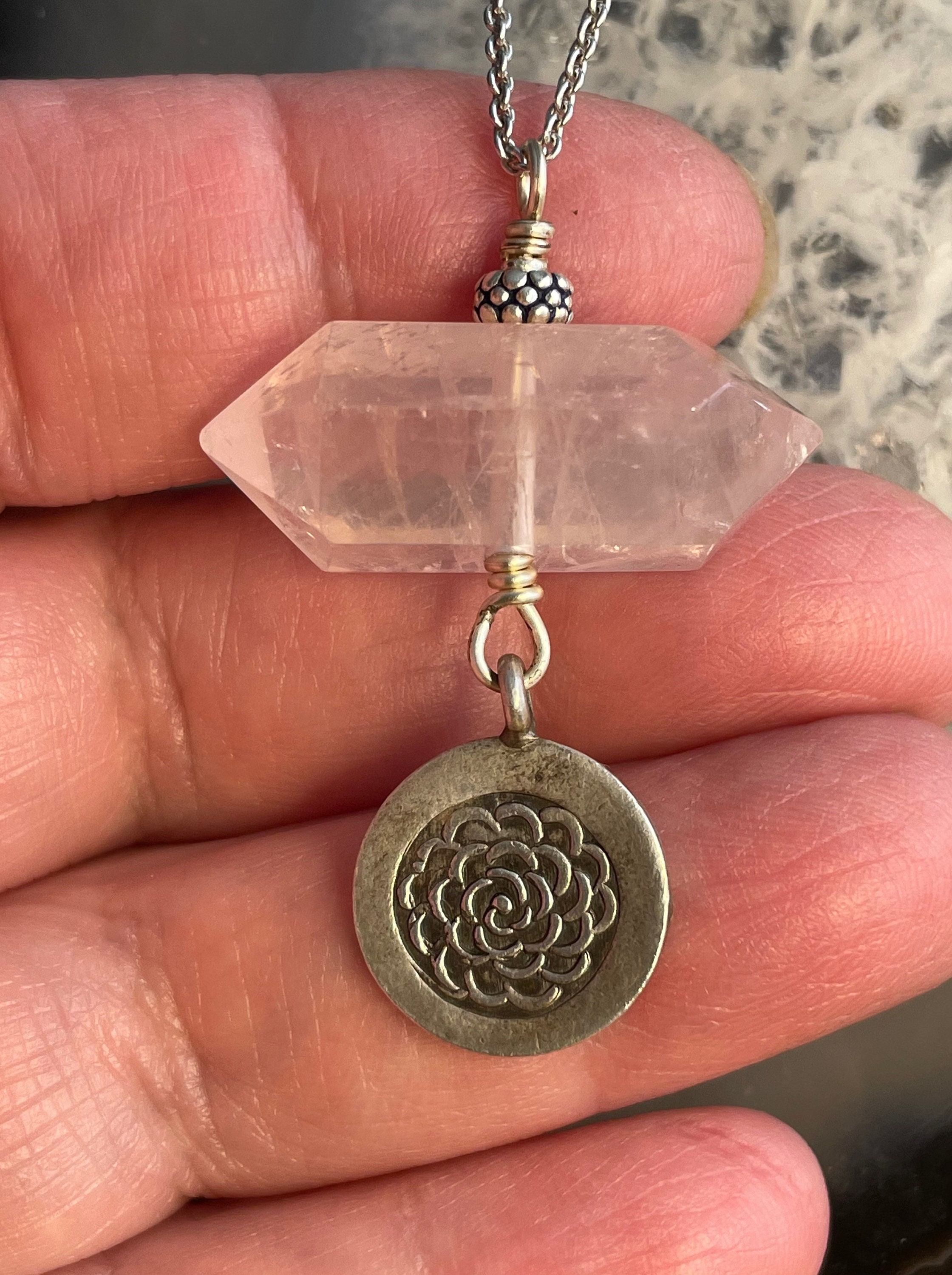 Rose Quartz Talisman Necklace: Hill Tribe Silver Lotus, Yoga Jewelry