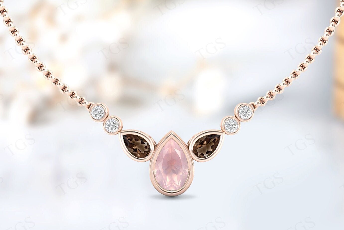 Vintage Rose Quartz Necklace For Women 925 Sterling Silver Quartz Wedding Necklace Pear Shaped Rose Quartz Multi Gemstone Necklace For Women