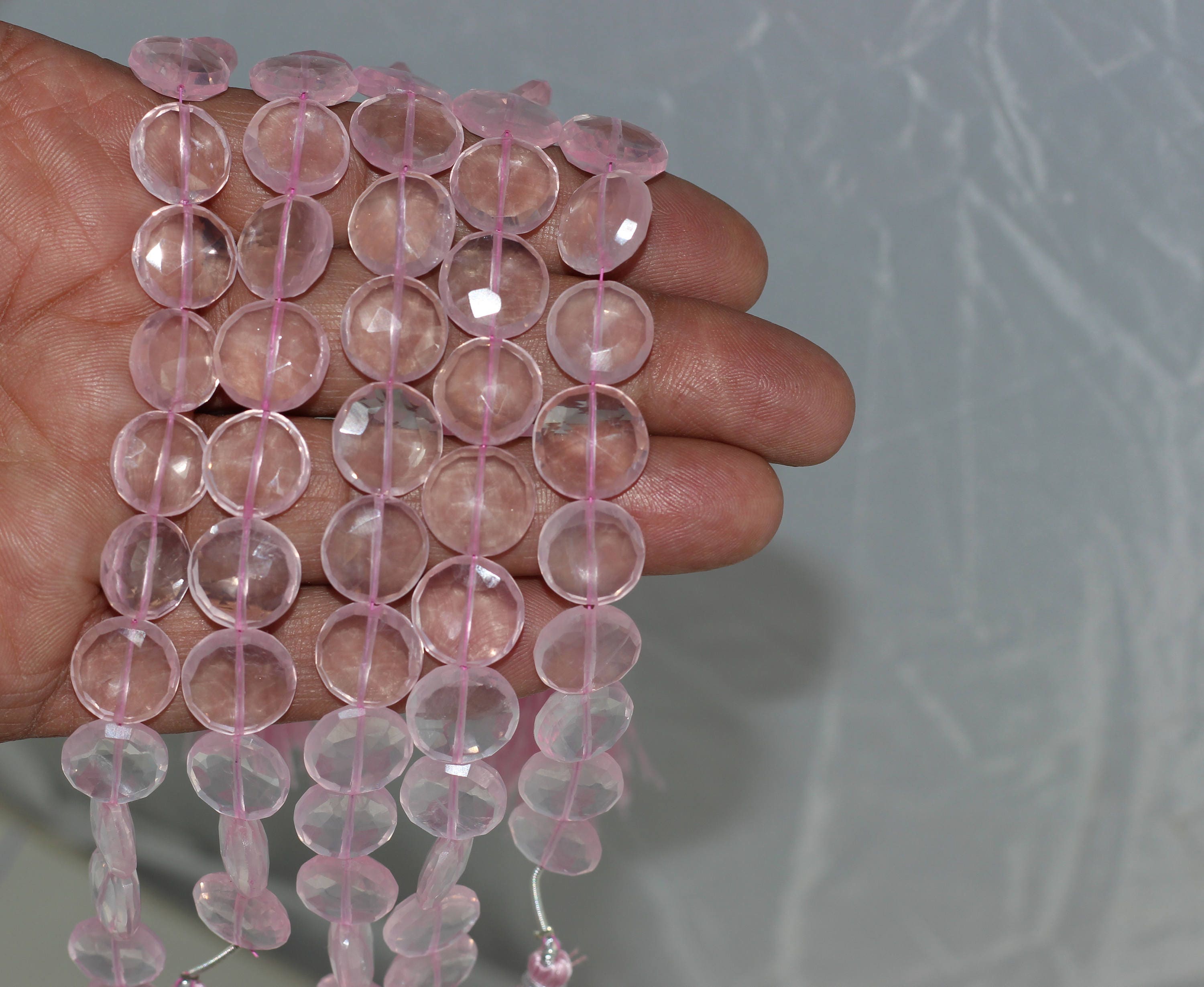 Faceted Rose Quartz Coin Beads: 12-13mm, 7 Inch Strand