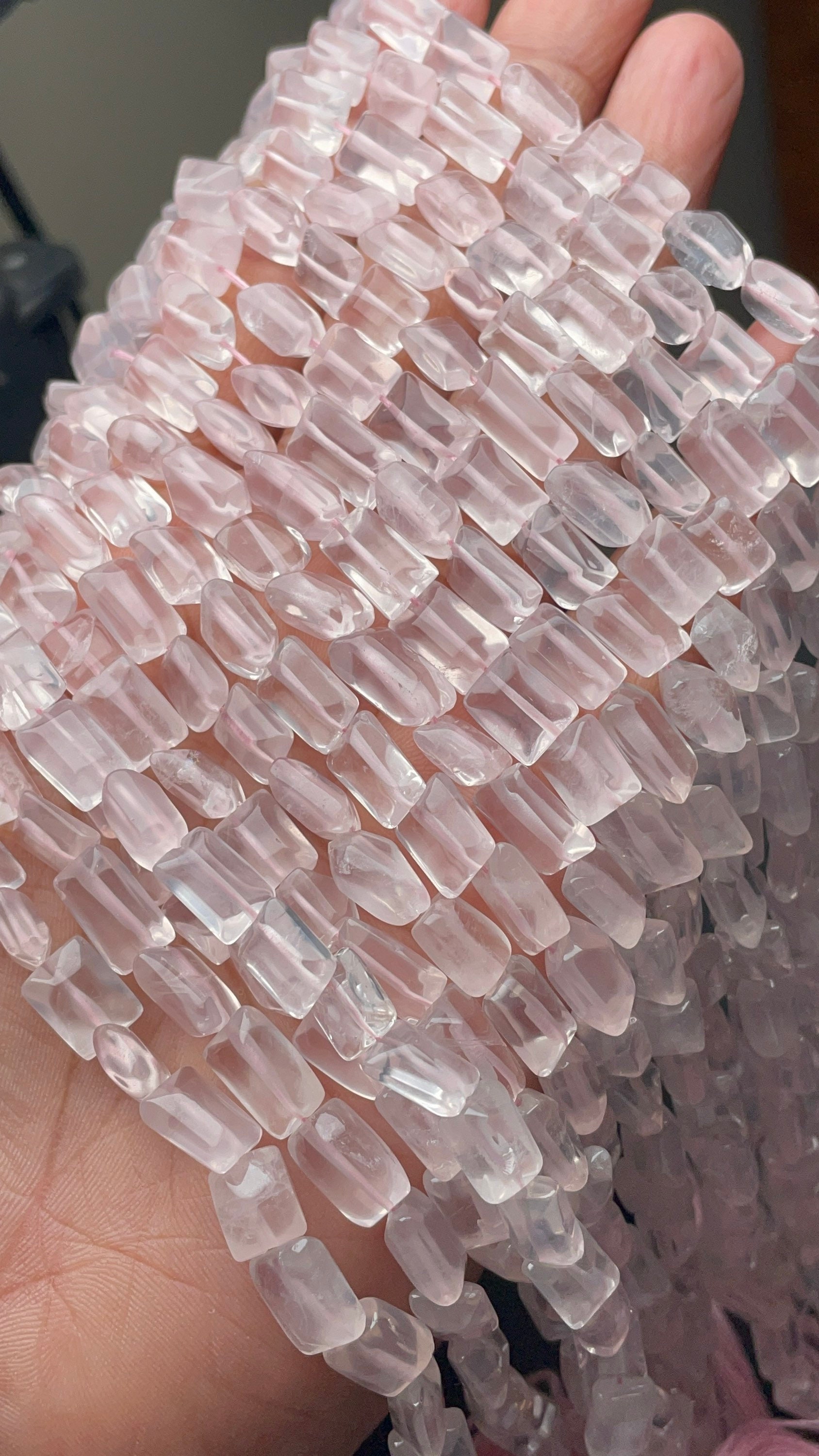 New Brand- Natural Rose Quartz Smooth Chicklet Shaped Gemstone Beads, Size- 6.5/10 Mm Pink Stone Jewelry, 12 Inches Superb Item At Low Price