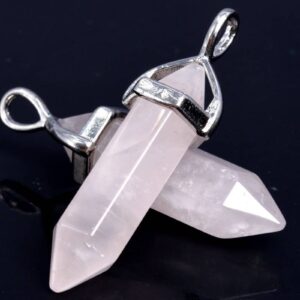 2 Pcs - 39x8mm Rose Quartz Beads Hexagonal Pointed Pendant Natural Grade Aaa Silver Plated Cap Bulk Lot 1, 3, 5, 10 And 50 (102507-534)