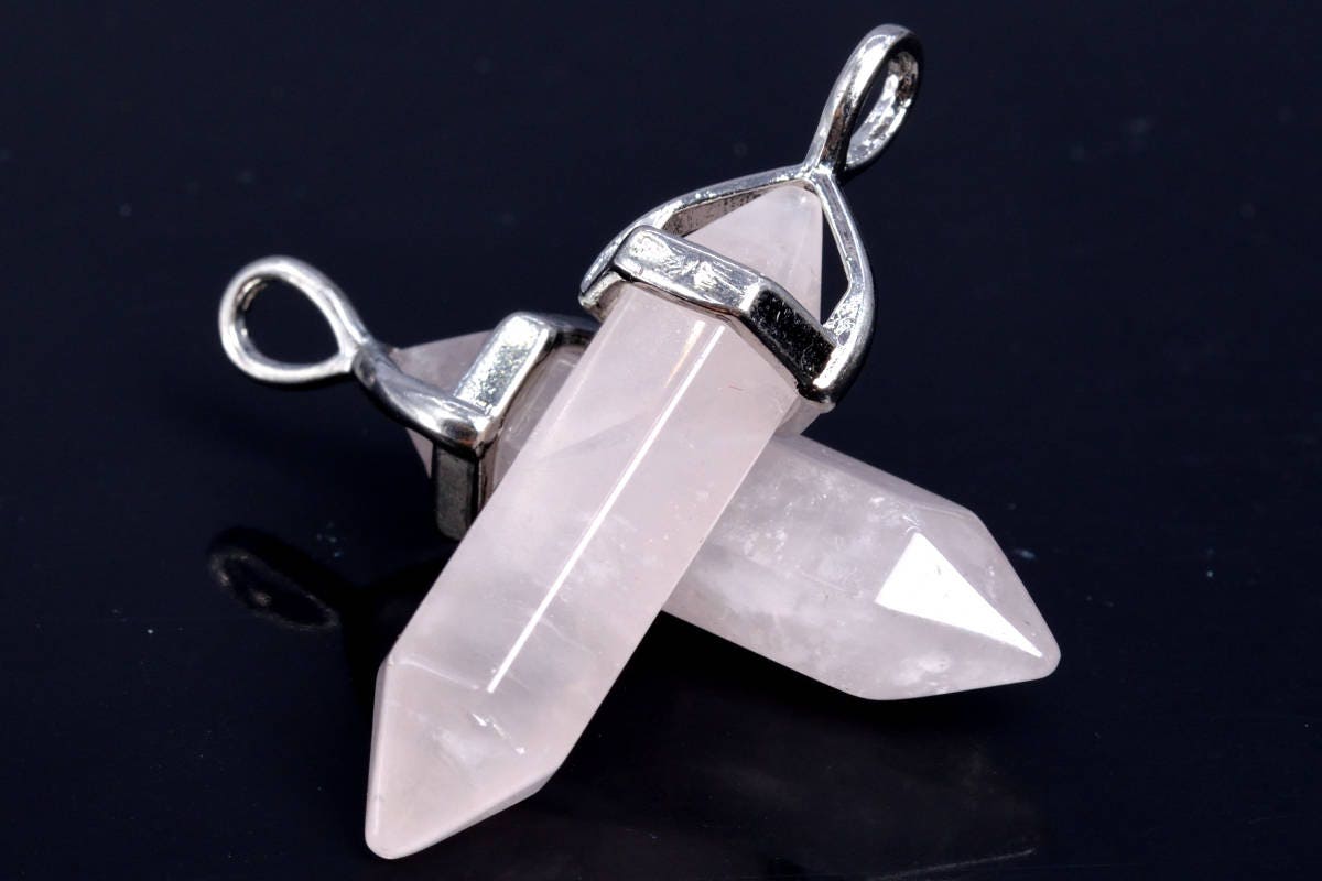 2 Pcs - 39x8mm Rose Quartz Beads Hexagonal Pointed Pendant Natural Grade Aaa Silver Plated Cap Bulk Lot 1, 3, 5, 10 And 50 (102507-534)