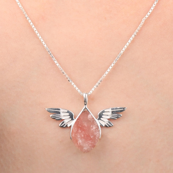 Rose Quartz Angel Pendant: 925 Sterling Silver Guardian Necklace
