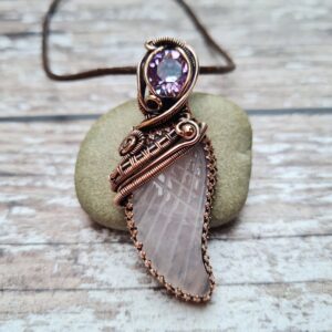 Rose Quartz Angel Wing Pendant, Copper Wire Wrapped Necklace