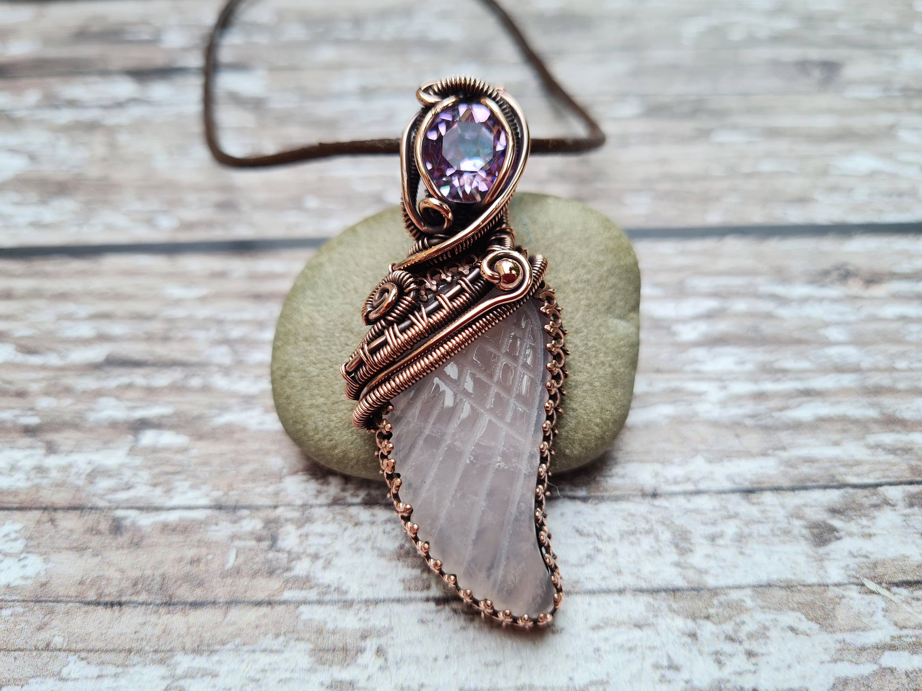 Rose Quartz Angel Wing Pendant, Copper Wire Wrapped Necklace