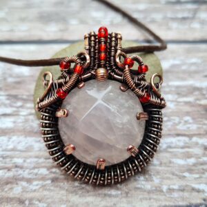 Rose Quartz Copper Wire Wrapped Pendant With Seed Beads