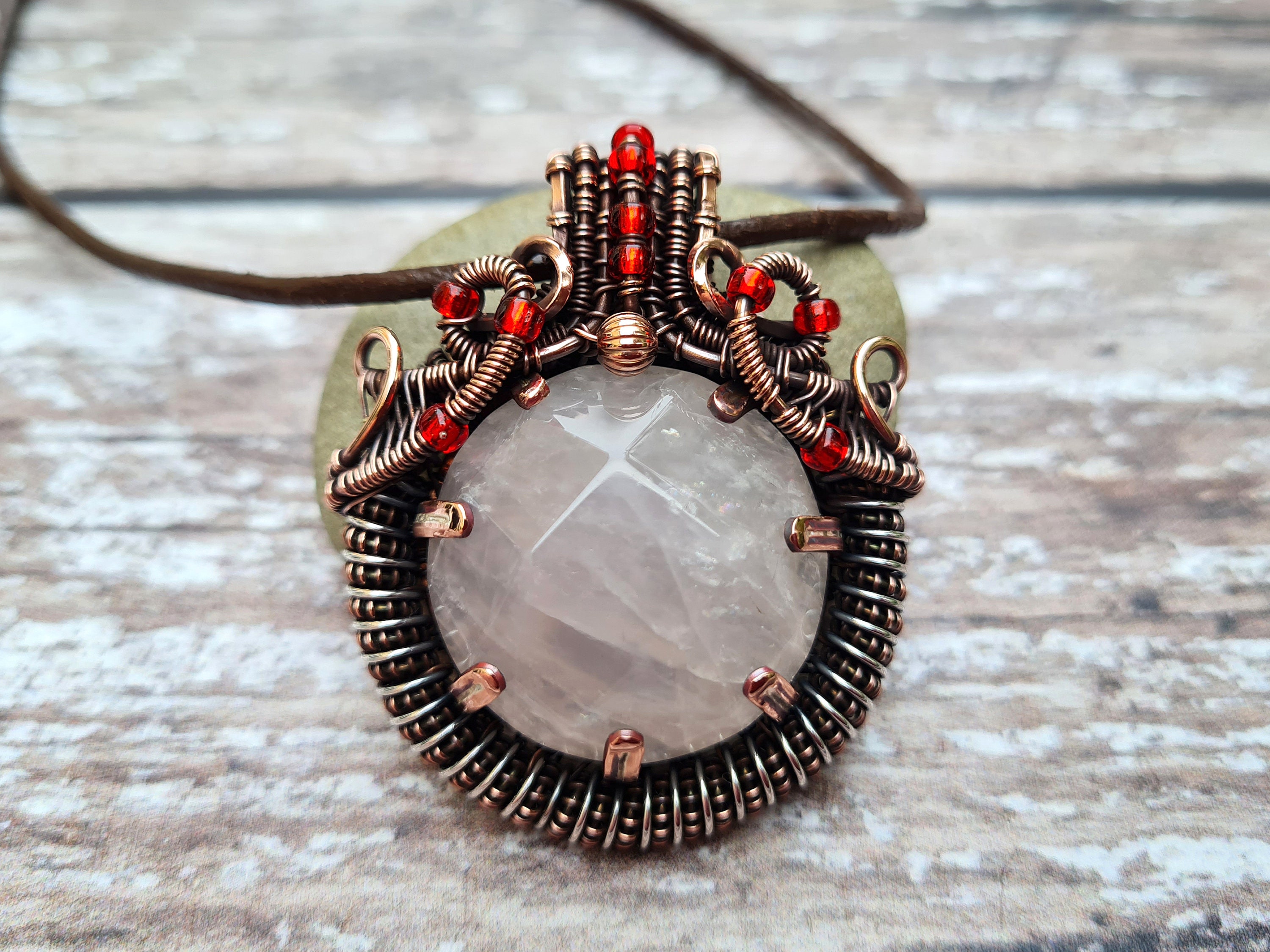 Rose Quartz Copper Wire Wrapped Pendant With Seed Beads Rose Quartz Copper Wire Wrapped Pendant With Seed Beads