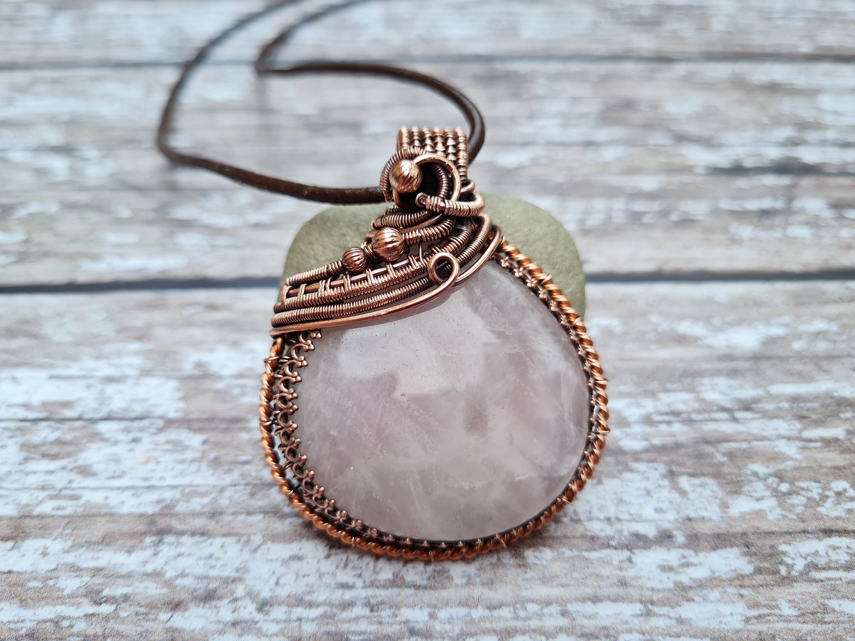 Copper Wire Wrapped Rose Quartz Pendant Necklace