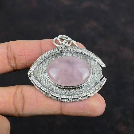 Handmade Rose Quartz Pendant: 925 Sterling Silver Statement Jewelry Handmade Rose Quartz Pendant: 925 Sterling Silver Statement Jewelry